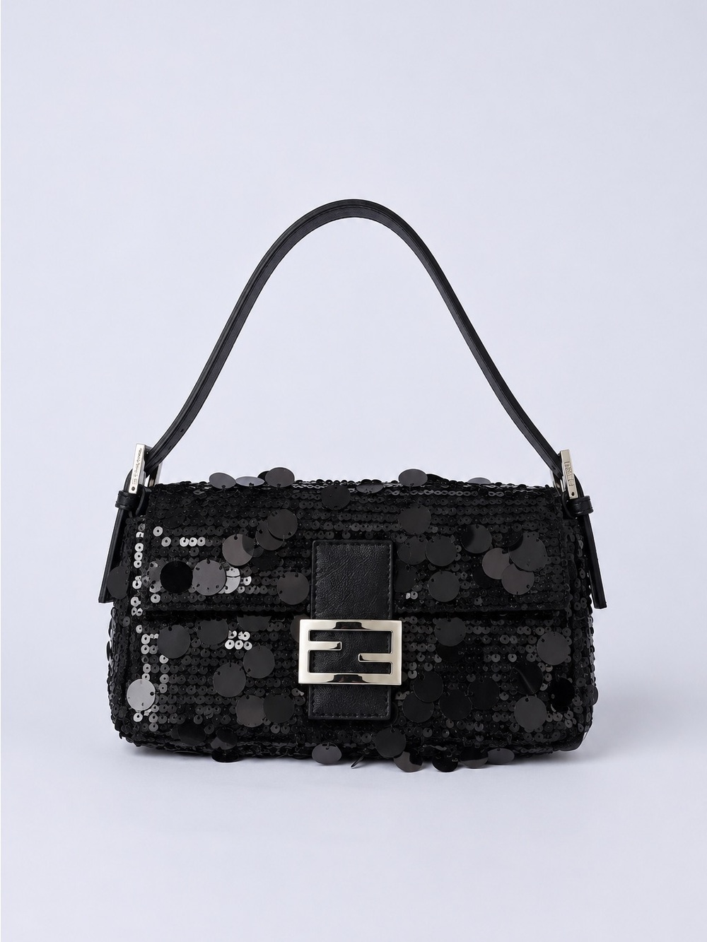 Black Sequin Mini Shoulder Bag with Metal Accent